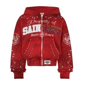 Red Sweatshirt with Rhinestone Embellishments and Ribbed Details